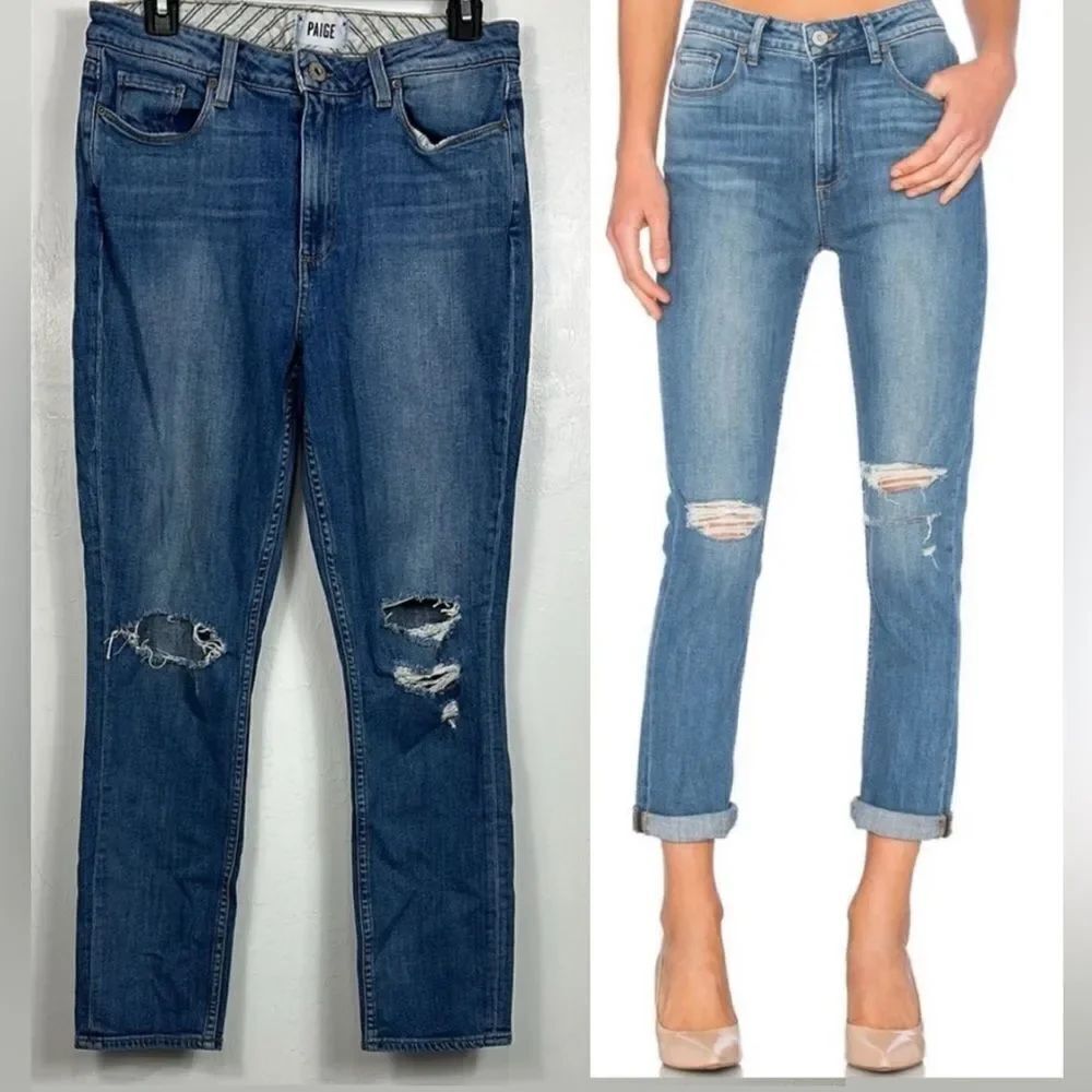 Paige Carter Slim Mid Rise Distressed Cotton Blend Blue Jeans Size 30